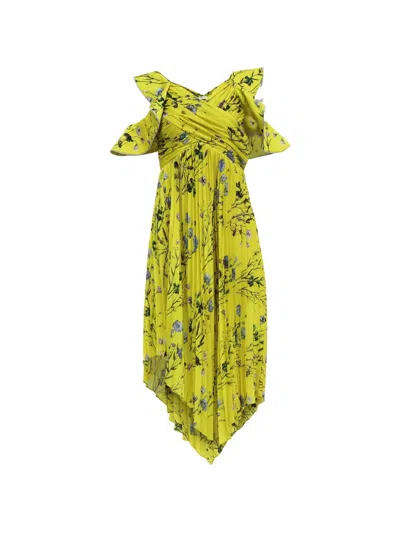 Pre-owned Self-portrait Pleated Floral-print Midi Dress In Yellow