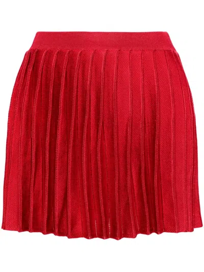 Self-portrait Pleated Knitted Mini Skirt In Red