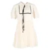 Self-portrait Pleated Lace-detail Mini Short Sleeve Dress In Cream Polyester In White