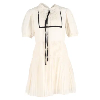 Self-portrait Pleated Lace-detail Mini Short Sleeve Dress In Cream Polyester In White