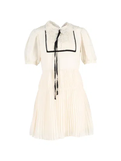 Pre-owned Self-portrait Pleated Lace-detail Short-sleeve Mini Dress In Neutral