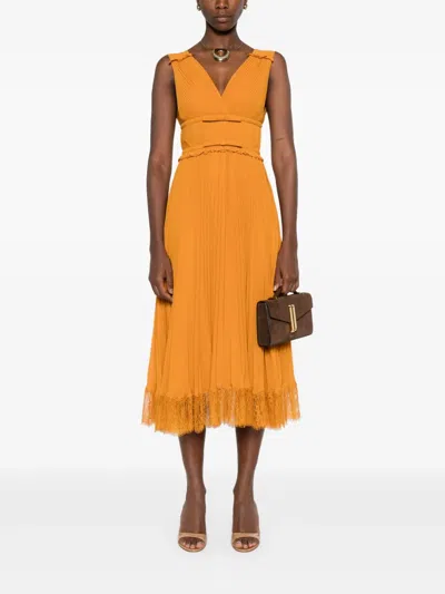Self-portrait Pleated Lace-trimmed Dress In Orange