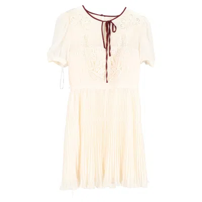 Self-portrait Pleated Macramé-trim Mini Dress In White Polyester