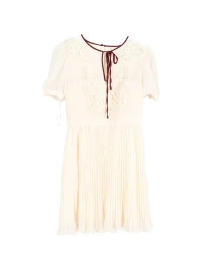 Pre-owned Self-portrait Pleated Macramé-trim Mini Dress In Neutral