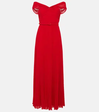 Self-portrait Pleated Off-shoulder Chiffon Gown In Red
