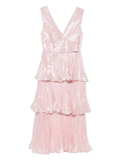Self-portrait Pleated V-neck Dress In Pink