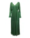 Self-portrait Pleated V-neck Gown In Green Polyester In Green