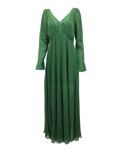 Self-portrait Pleated V-neck Gown In Green Polyester