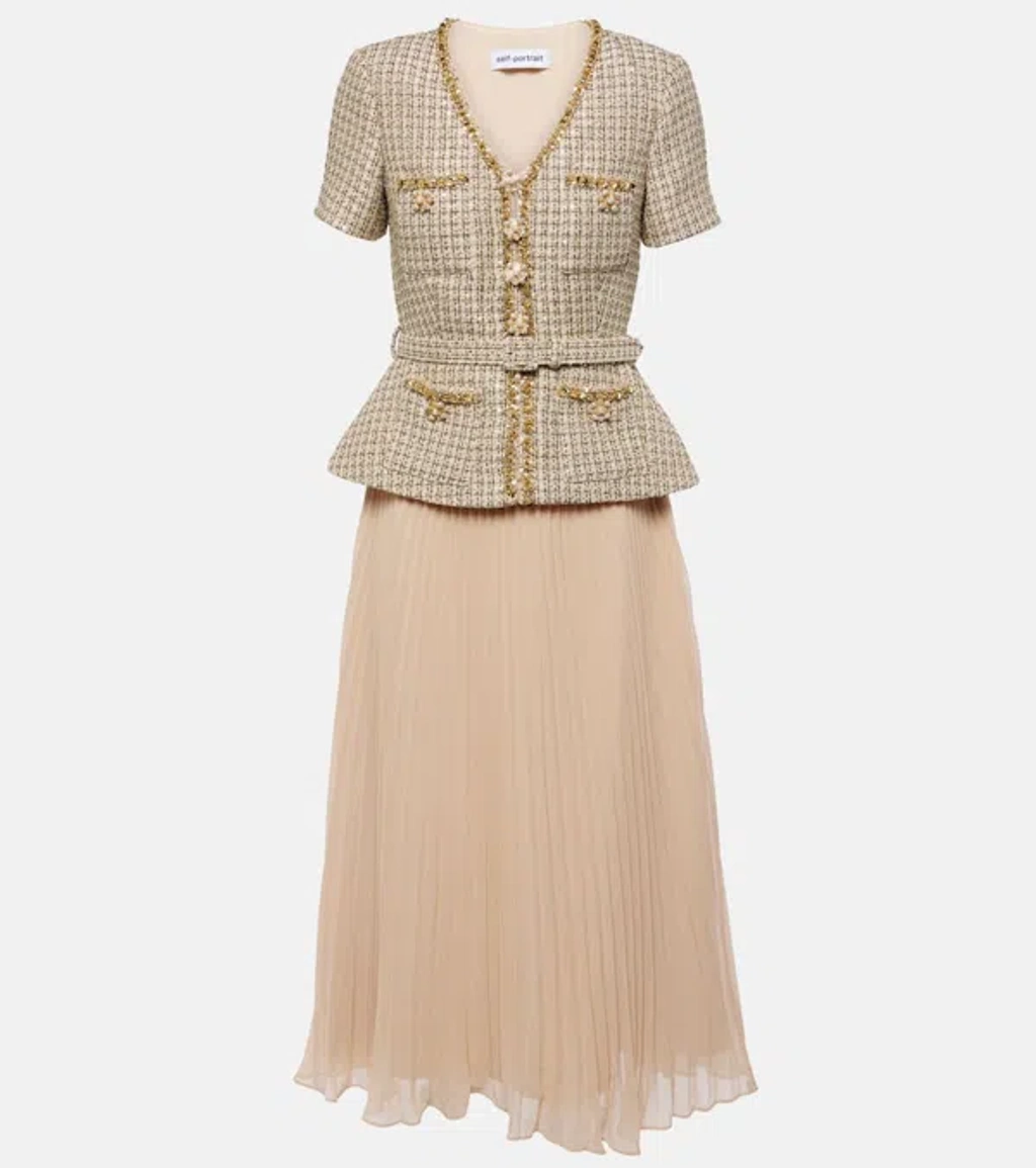 self portrait gold boucle dress Self-Portrait // Gold & Mulitcolour Tinsel Boucle Dress & Jacket Set – VSP  Consignment main image 1