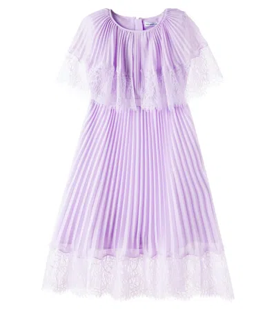 Self-portrait Kids' Plisse Lace-trimmed Chiffon Dress In Purple