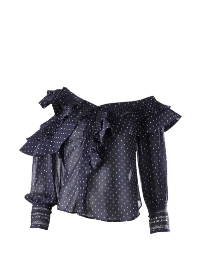 Pre-owned Self-portrait Plumetis Frilled One-shoulder Top In Blue