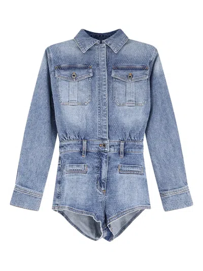 Self-portrait Denim Jumpsuit With Rhinestone Embellishments In Blue