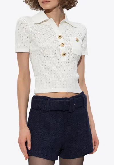 Self-portrait Pointelle Cropped Knit Top In White