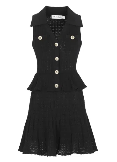 Self-portrait Pointelle Dress With Peplum Waist In Black