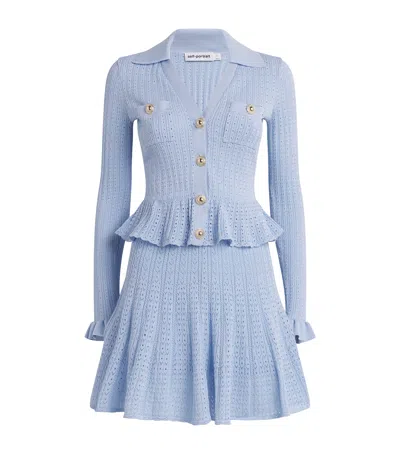 Self-portrait Pointelle Knit Mini Dress In Blue