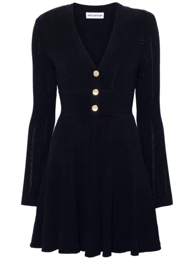 Self-portrait V-neckline Ribbed Knit Dress In Navy
