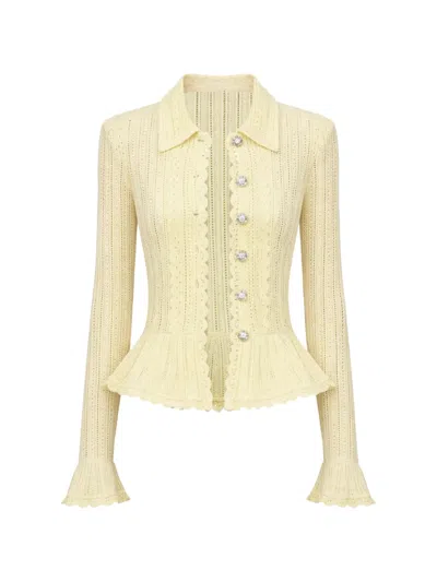 Self-portrait Pointelle-knit Ruffled Cardigan In Neutral