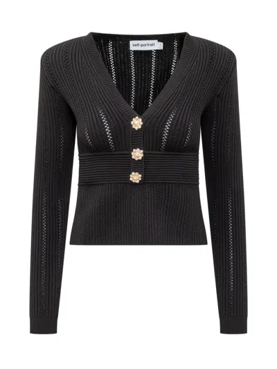 Self-portrait Pointelle Knit Top In Black