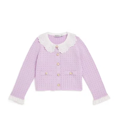 Self-portrait Kids' Pointelle Knitted Ribbed Cardigan In Purple