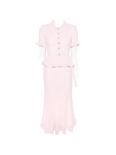 Self-portrait Pointelle Peplum Knit Dress In Pink