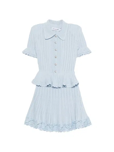 Self-portrait Pointelle Peplum Knit Mini Dress In Blue