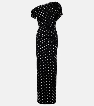 Self-portrait Polka-dot Asymmetric Maxi Dress In Black