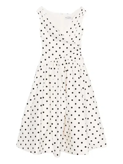 Self-portrait White Dress With All-over Polka Dot And Flared Skirt In Cotton Woman In Orange