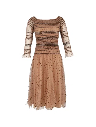 Pre-owned Self-portrait Polka-dot Off-the-shoulder Midi Dress In Neutral