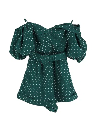 Pre-owned Self-portrait Polka Dot One-shoulder Belted Blouse In Green