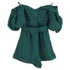 Self-portrait Polka Dot One-shoulder Belted Fil Coupé Romper In Green Polyester In Green