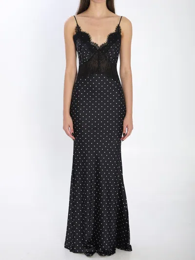 Self-portrait Polka Dot Satin Lace Maxi Dress In Black