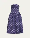 Self-portrait Strapless Pleated Polka-dot Satin Midi Dress In Blue