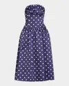 Self-portrait Strapless Pleated Polka-dot Satin Midi Dress In Blue