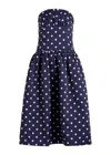 Self-portrait Strapless Pleated Polka-dot Satin Midi Dress In Navy