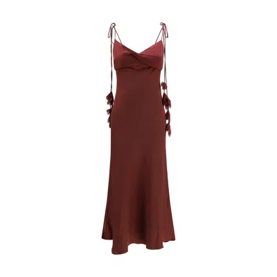 Self-portrait Bordeaux Long Dress With Knotted Shoulder Straps And Floral Details In Fabric Woman In Brown