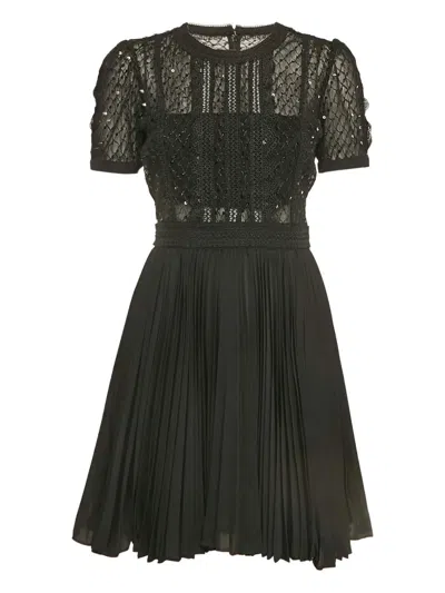 Pre-owned Self-portrait  Pleated-skirt Lace-inserts Dress In Black
