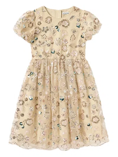Self-portrait Kids' Puff-sleeve Embellished Dress In Neutral