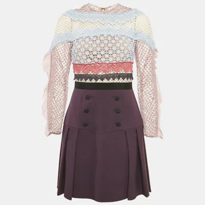 Pre-owned Self-portrait Purple Lace And Crepe Mini Dress M