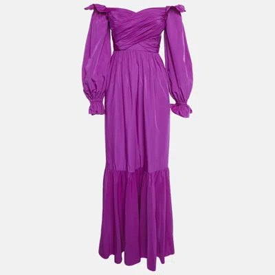 Pre-owned Self-portrait Purple Taffeta Off Shoulder Frill Detail Maxi Dress S