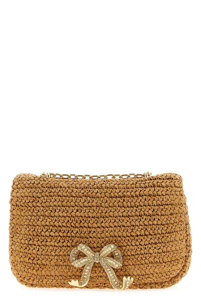 Self-portrait 'raffia Bow Charm' Shoulder Bag In Sand