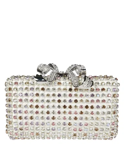 Self-portrait Rectangular Rhinestone-embellished Clutch Bag With Bow Clasp In White
