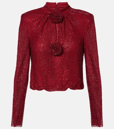 Self-portrait Embellished Fishnet Blouse In Red