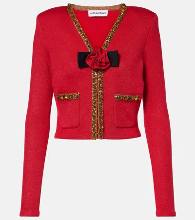 Self-portrait Waffle-knit Embellished Cardigan In Red