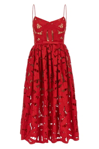 SELF-PORTRAIT SELF PORTRAIT 'RED BOW EMBROIDERED MIDI' DRESS