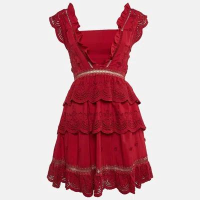 Pre-owned Self-portrait Red Broderie Anglaise Chiffon Tiered Mini Dress S