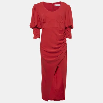 Pre-owned Self-portrait Red Crepe Puff Sleeve Gathered Long Dress M