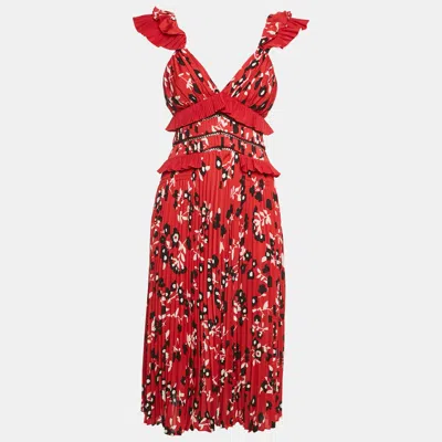 Pre-owned Self-portrait Red Floral Print Plisse Ruffled Midi Dress S