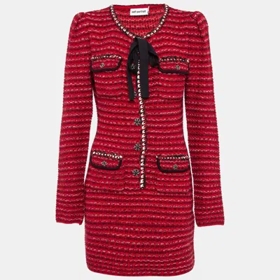 Pre-owned Self-portrait Red Patterned Wool Blend Melange Knit Mini Dress L