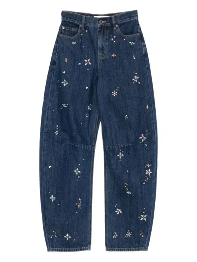 SELF-PORTRAIT RELAXED WIDE-LEG JEANS WITH FLORAL EMBELLISHMENTS