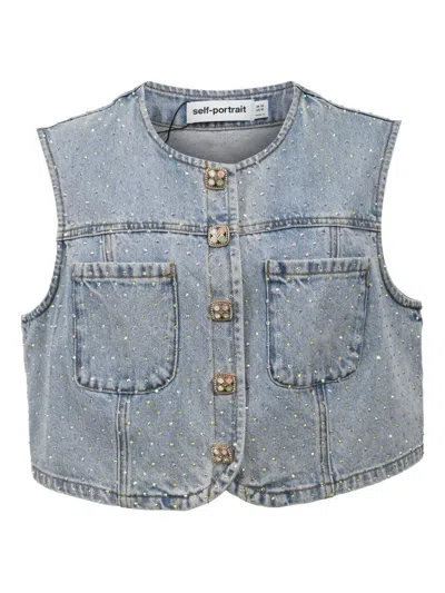 Pre-owned Self-portrait Rhinestone Button-up Denim Top In Blue